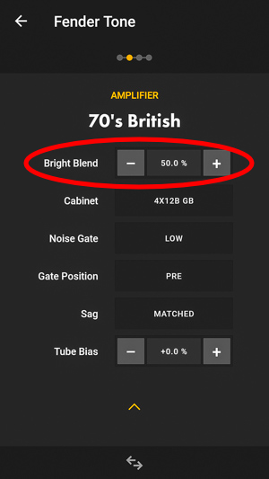 Notice the BRIGHT, PRESENCE and BRIGHT BLEND options in each of the amplifier settings, pictured above in the three images.
’65 Twin Reverb has a BRIGHT setting
70’s British has a PRESENCE setting
70’s British has a BRIGHT BLEND setting
